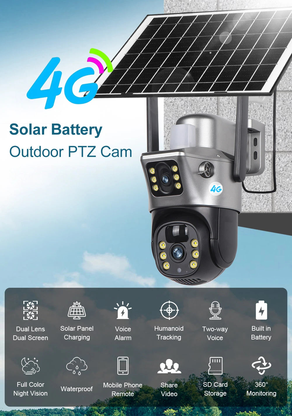 4G Solar CCTV Camera: 2MP Dual Lens Outdoor Surveillance for Agriculture, Construction Sites, Farms, Gardens, and More
